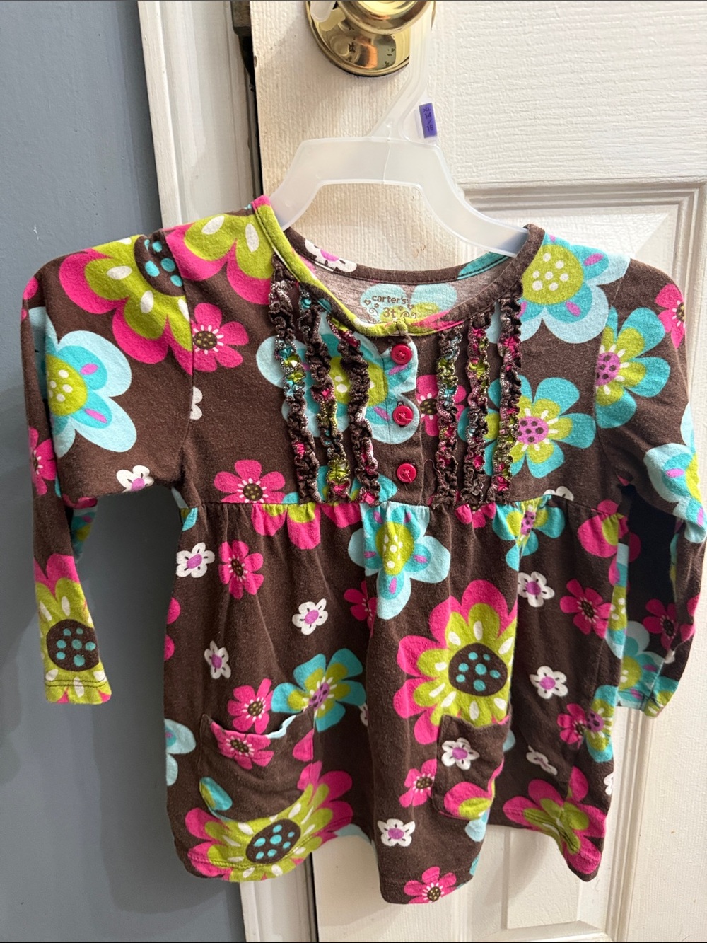 Carter's Brown Long Sleeve Floral Ruffle Top with Pink, Blue, Green 3T